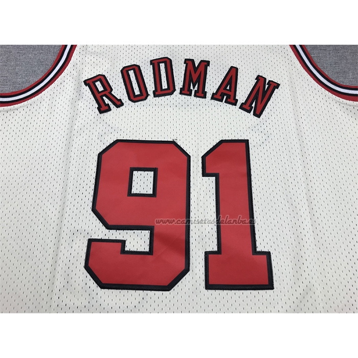 Camiseta Chicago Bulls Dennis Rodman NO 91 Mitchell & Ness Chainstitch Crema